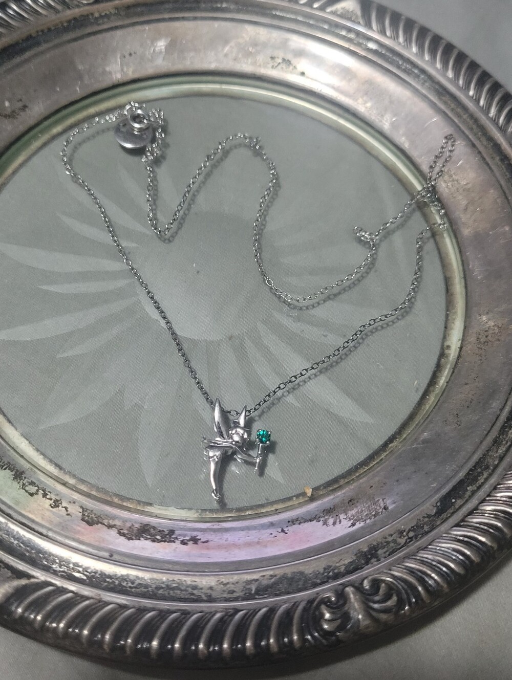 Sterling Silver Disney Fairy Tinkerbell Pendant Necklace with Green Gem